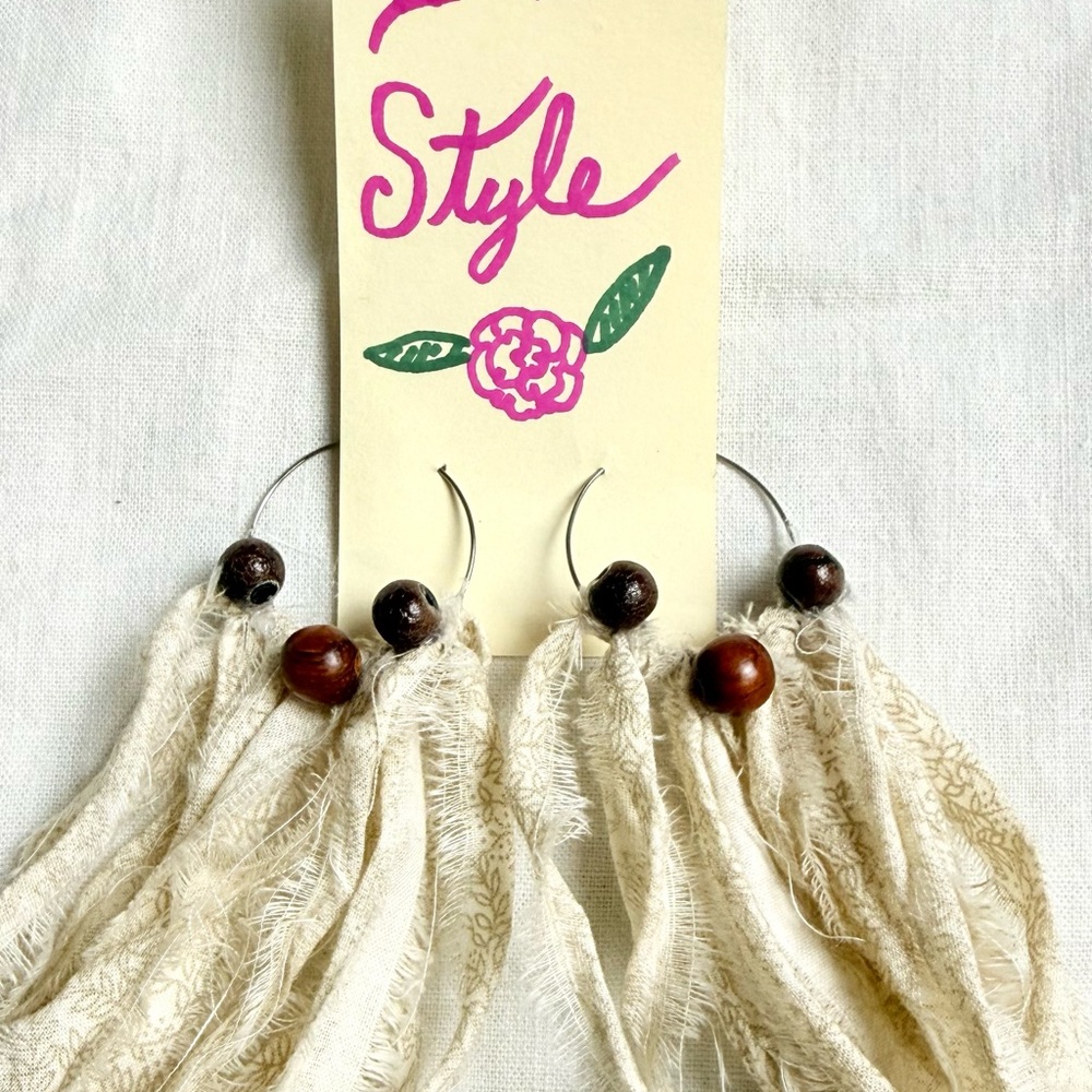 Bohemian Cream Tassel Earrings with Wooden Beads